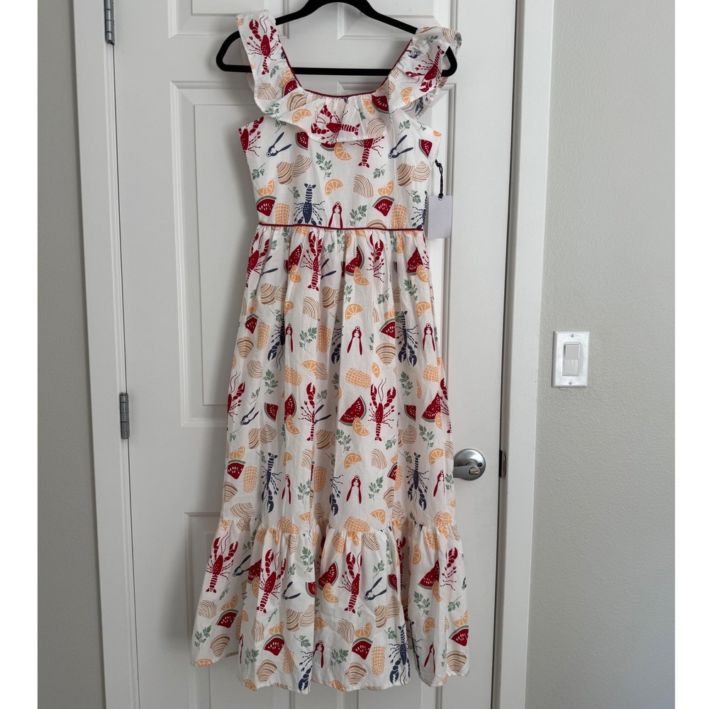 Sperry Mommy & Me Lobster Seafood Print Ruffle Cotton Maxi Dress Size S NWT
